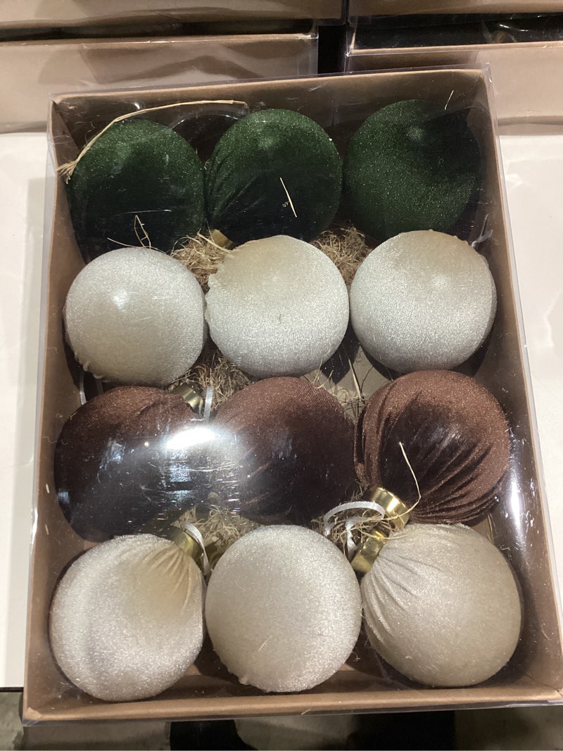 Condition photo showing New/Like New for 12 Pcs Velvet Christmas Ornaments Balls, 3.15 inch Velvet Christmas Tree Balls, Neutral Shatterproof Hanging Xmas Ornaments for Christmas Tree,Family, Holiday, Party Decoration, Brown Green