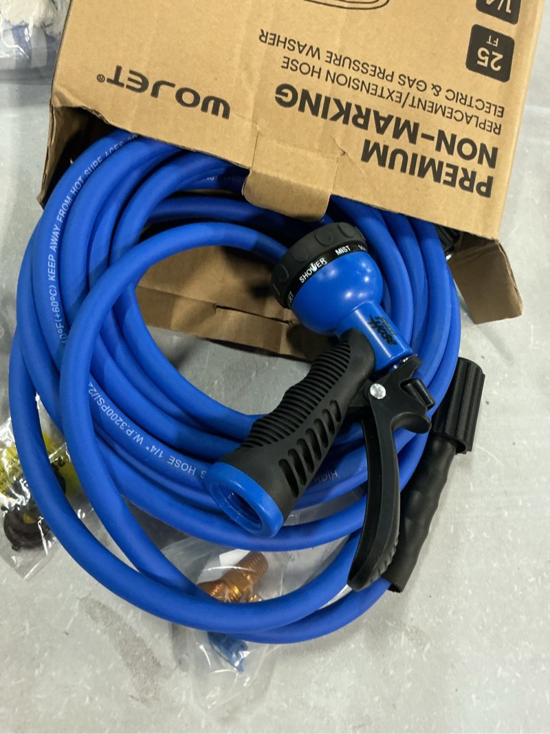 Condition photo showing Good Condition for wojet pressure washer hose 25ftx1/4”, ultra flexible power washer hose with m22 14mm non-leak thread fitting, high pressure hose fits electric power washers, replacement hose for ryobi models, 3200psi 1/4" x 25 ft