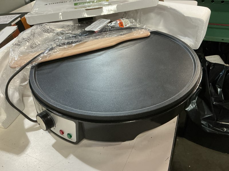Condition photo showing As Is for nutrichef electric crepe maker & griddle cooktop - nonstick 12 inch aluminum hot plate with led indicator lights & adjustable temperature control - wooden spatula & batter spreader included fixed plate