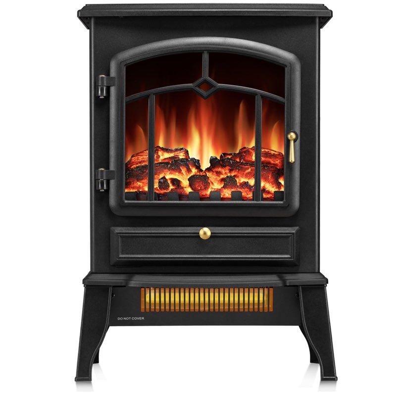 winston porter 15" freestanding fireplace stove heater with realistic flame for home office with realistic log flame effect, adjustable flame effect/brightness/heating mode, overheating safe design