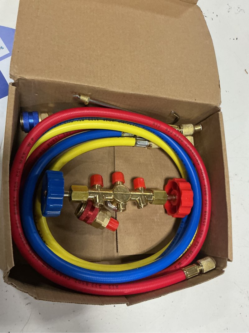 Condition photo showing Good Condition for pb motor tech ac diagnostic manifold gauge set for r134a, r12, r22, r502 refrigerants, includes 4ft three-color hoses and 2 quick couplers - automotive & household ac maintenance
