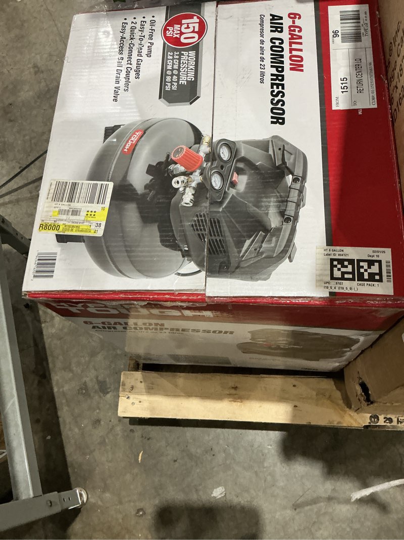 Condition photo showing New/Like New for hyper tough black 150 psi oil-free pancake air compressor 6 gal