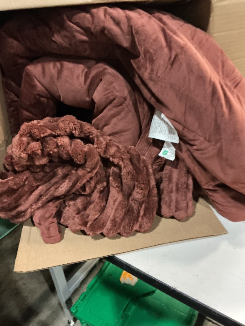 Condition photo showing As Is for wonderful luxury velvet quilt - striped channel stitch red quilt king, soft tufted corduroy lightweight comforter, pet-friendly, tear-resistant, bedspread coverlet bedding set for all season,106"x94" horizontal-reddish brown king (106"x94")