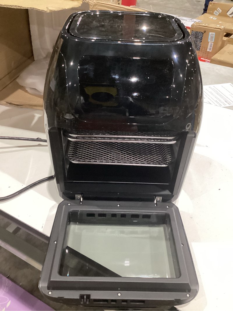 Condition photo showing As Is for chefman multifunctional digital air fryer+ rotisserie, dehydrator, convection oven, 17 touch screen presets fry, roast, dehydrate, bake, xl 10l family size, auto shutoff, large easy-view window, black