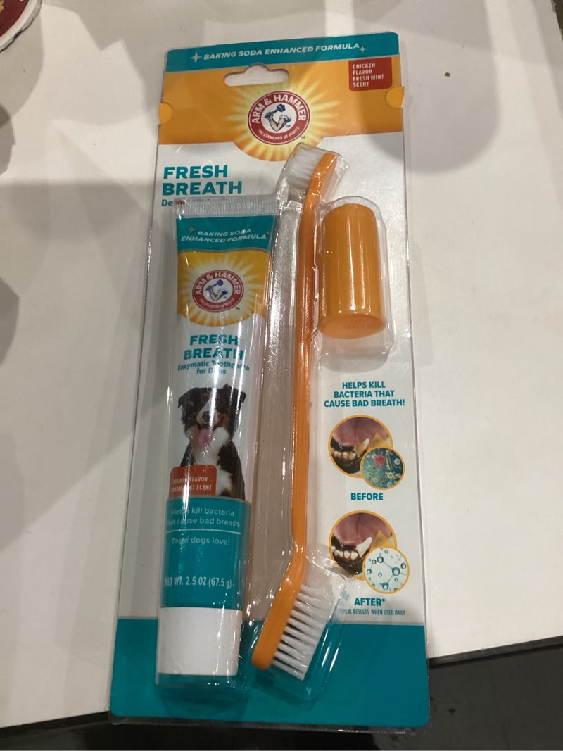 Condition photo showing New/Like New for Arm & Hammer for Pets Fresh Breath Enzymatic Dog Dental Care Kit - Includes Dog Toothpaste, Dual Sided Toothbrush and Fingerbrush - Bad Breath Treatment, Chicken Flavor, 2.5 Ounce Chicken 2.5 Ounce (Pack of 1)