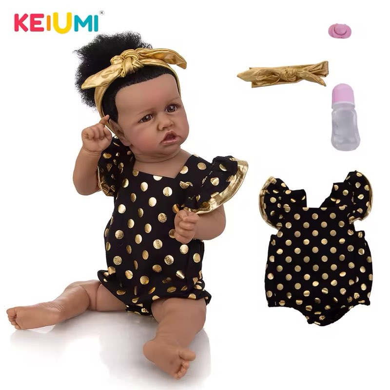 KEIUMI 57 CM Full Silicone Vinyl Black Skin Reborn Baby Doll Accessories Free Fast Delivery Reborn Babie For Children's Toy