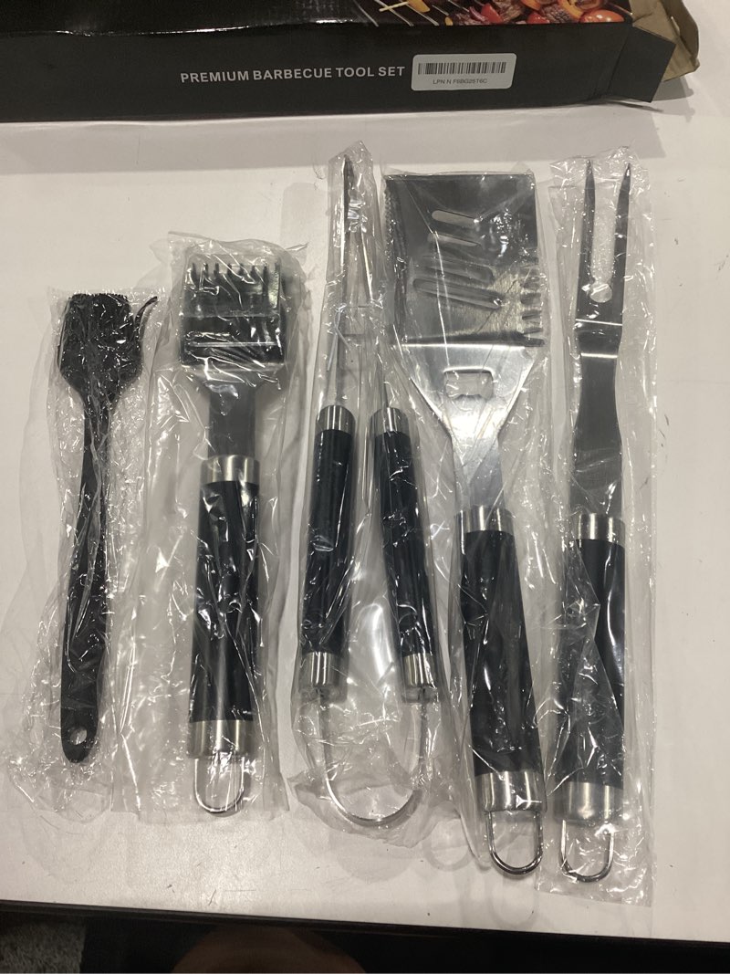 Condition photo showing New/Like New for yekale bbq grill accessories set, grill tools grilling accessories grilling gifts for men - spatula, fork, brush, tongs & cleaning brush - outdoor barbecue utensils gifts for men dad him (black)