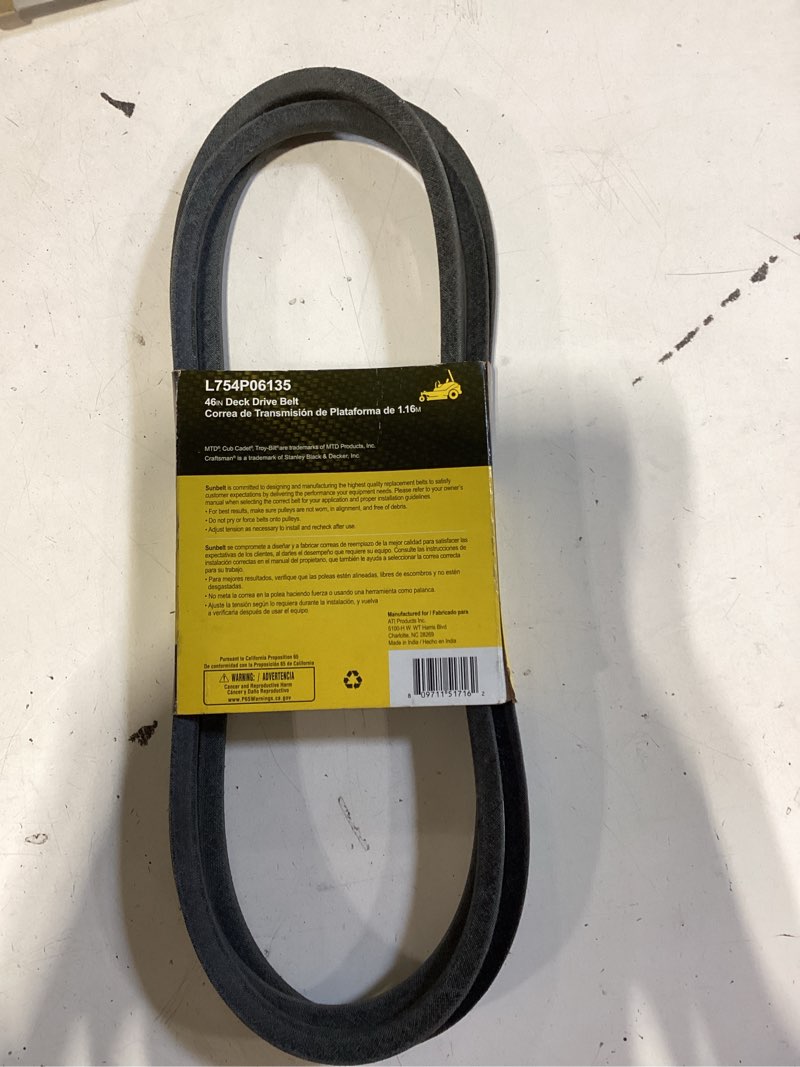 Condition photo showing As Is for sunbelt l-754p06135 46-in deck/drive belt for zero-turn mowers (1/2-in w x 120.8-in l)