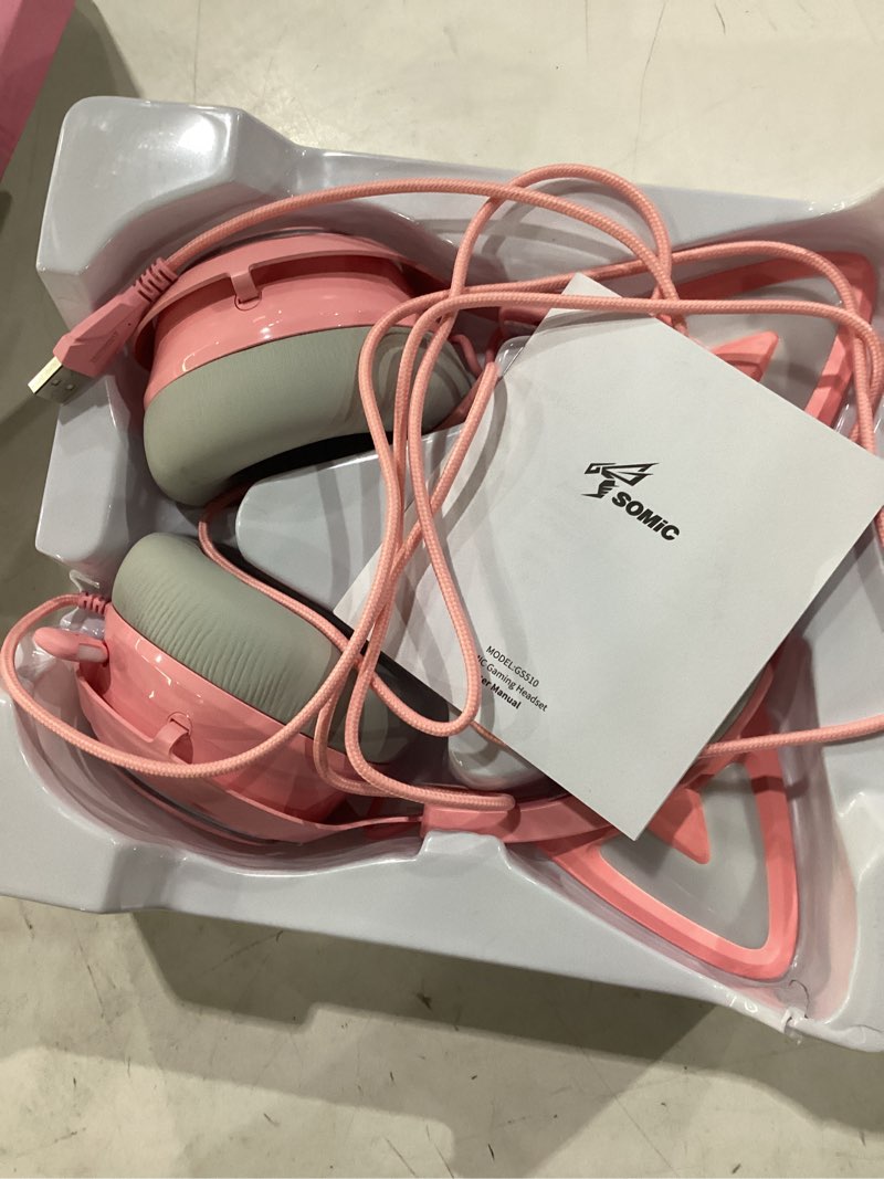 Condition photo showing Good Condition for easars pink gaming headset gs510, wired, over ear, cat ear design with rgb lighting, 7.1 surround sound, retractable mic, compatible with pc, ps4, ps5 wired pink