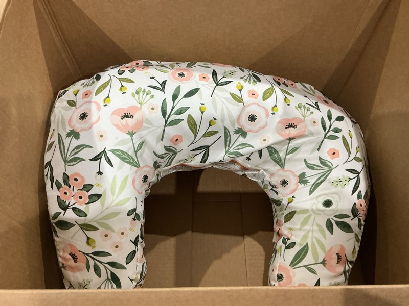 Condition photo showing Good Condition for boppy nursing pillow, pink garden, support for feeding, hypoallergenic fill, removable cover, machine washable