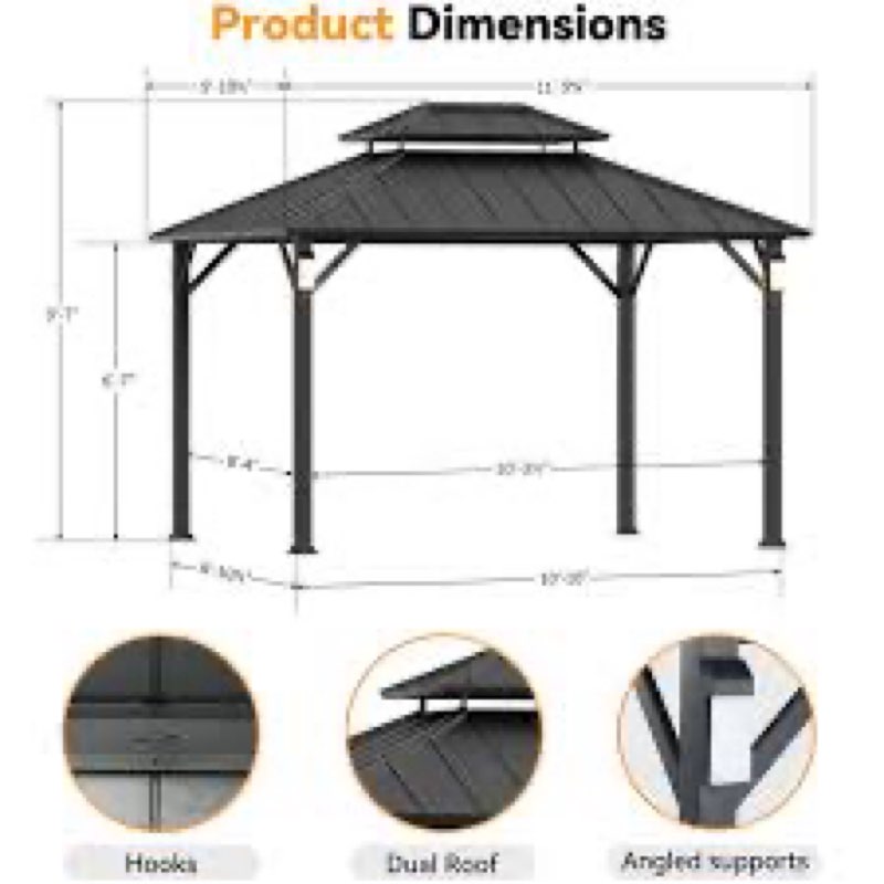 horizon 10' x 12' hard top gazebo with solar self powered led lights, mosquito netting and canopy hook(incomplete box 2 of 3)