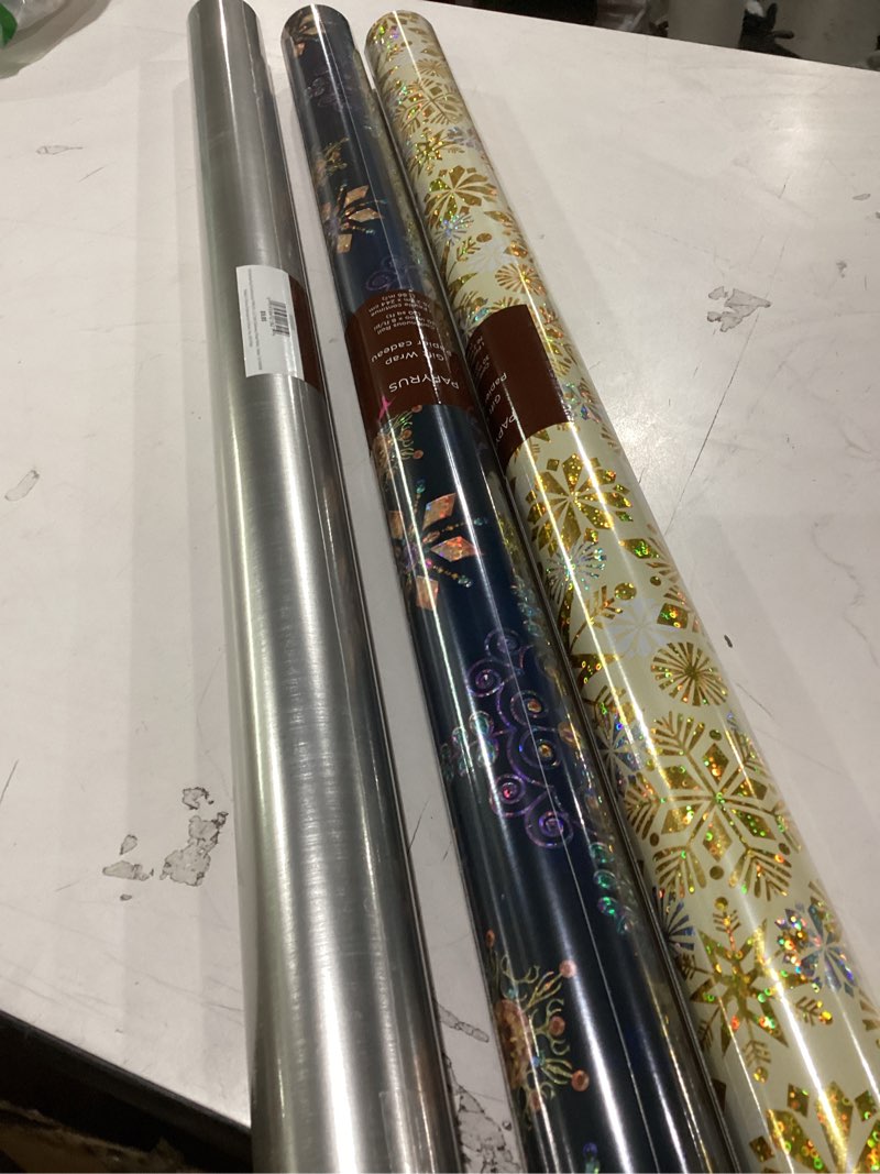 Condition photo showing New/Like New for papyrus wrapping paper rolls for christmas, hanukkah, and all holidays, snowflakes print and metallic silver (3 rolls, 62.5 sq. ft.)