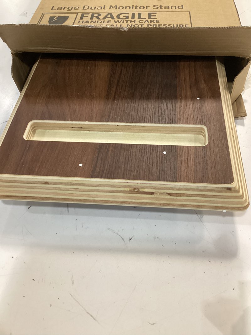 Condition photo showing Good Condition for aothia large dual monitor stand riser, solid wood desk shelf with eco cork legs for laptop computer/tv/pc/printers, perfect desktop stands organizer with underneath storage for office accessories dual black walnut