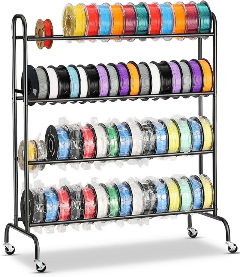 3D Printer Filament Storage Rack - 4 Tier Rolling Filament Spool Holders Racks with Wheels, Heavy Duty Metal Shelf for PLA/ABS/TPU, Filaments Organzied for 3D Printing Studio, Office Workshop