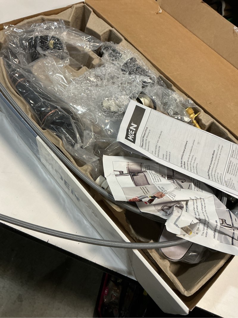 Condition photo showing As Is for Moen Mediterranean Bronze One-Handle High Arc Widespread Kitchen Faucet, 4-Hole Setup with Soap Dispenser, 87042BRB