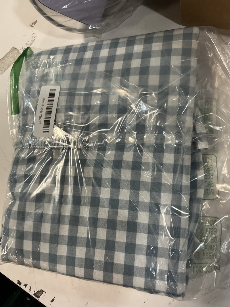Condition photo showing New/Like New for kkjiaf 4 pieces plaid ruffle king size sheets set, cotton gingham king sheet set linen feel comfy br