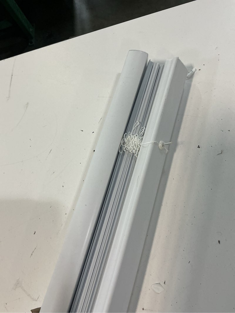 Condition photo showing As Is for project source room darkening 1-in slat width 47-in x 64-in cordless white vinyl room darkening mini-blinds