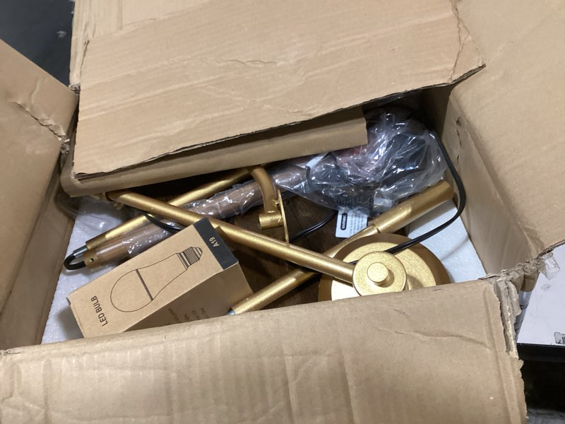 Condition photo showing As Is for EDISHINE 68" Arc Floor Lamp with Table, Vintage Standing Lamp for Living Room with Tray, Tall Reading Lamp, Beige Shade, Adjustable Arm, Remote Dimmable Bulb Included, for Bedroom Office, Wood Grain Rustic-Walnut