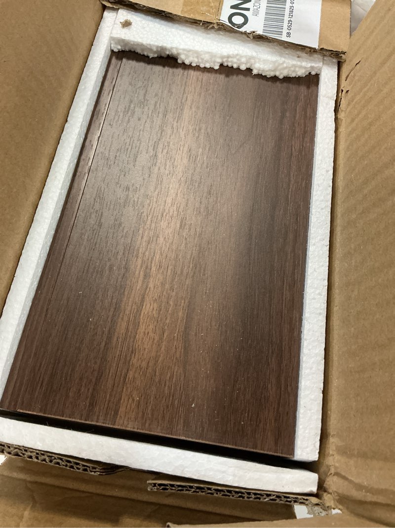 Condition photo showing As Is for 23.6 inch long floating shelves - 2 set farmhouse wall shelf for bedroom, nursery book shelf with lip, picture ledge shelf for wall decor living room bathroom kitchen - walnut walnut 23.6 in