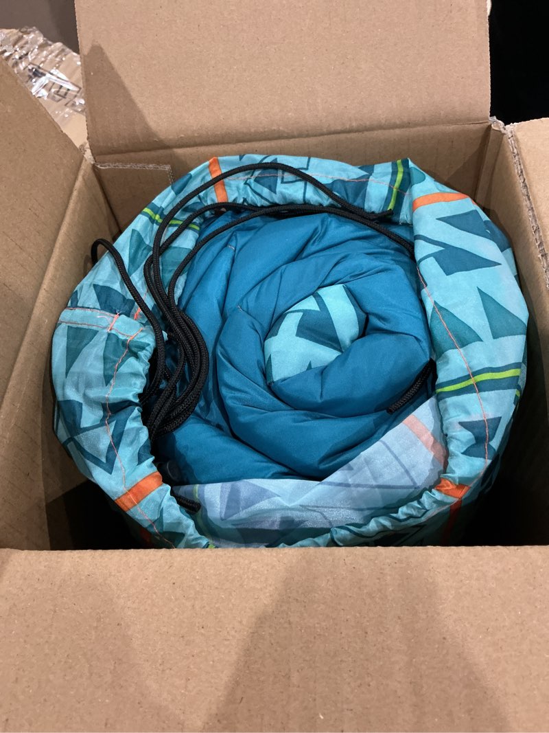 Condition photo showing Good Condition for coleman kids 50°f sleeping bag, comfortable youth sleeping bag for sleepovers & camping, fits children up to 5ft tall, glow in the dark design, stuff sack included, machine washable teal pfas-free