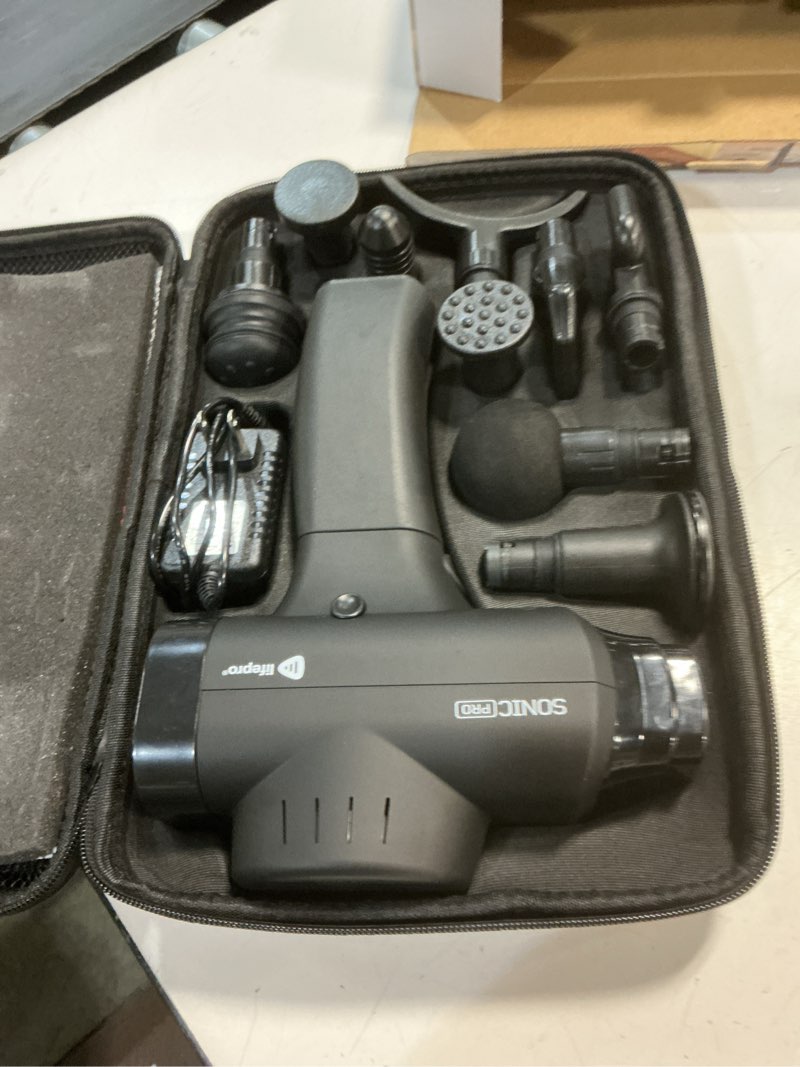 Condition photo showing Good Condition for lifepro sonic pro handheld electric massage gun – deep tissue percussion massager gun with 10 speeds & 9 heads – muscle massager for athletes back, legs, arms black