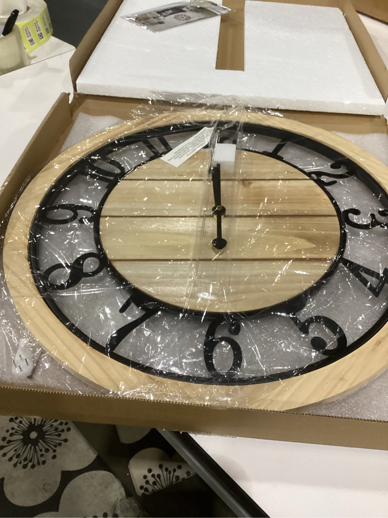 Condition photo showing Good Condition for maxstar 20'' wall clock for living room decor, ultra-silent rustic wooden farmhouse wall clock with metal & real wood frame, battery operated, for kitchen bedroom office, arabic numerals brown wood - arabic numerals 20''