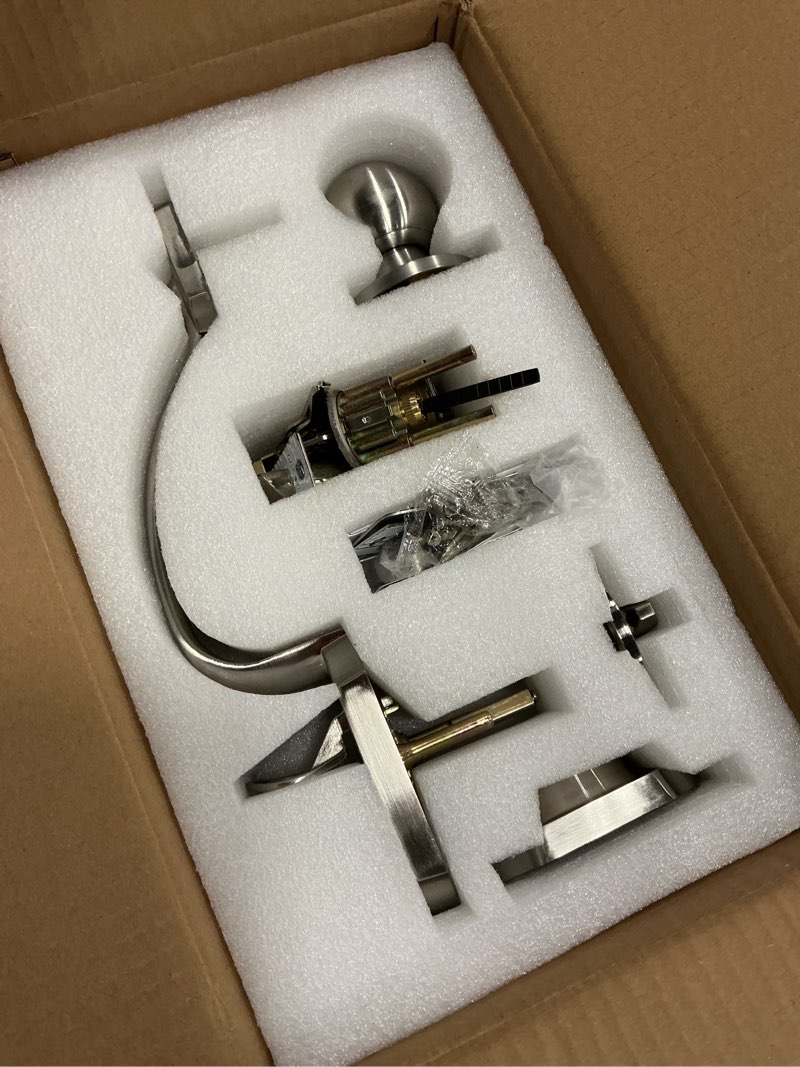 Condition photo showing New/Like New for front door handle and deadbolt set, satin nickel front door lock set with reversible knob handle, modern exterior door handleset with single cylinder deadbolt,1 pack door knob+deadbolt lock satin nickel
