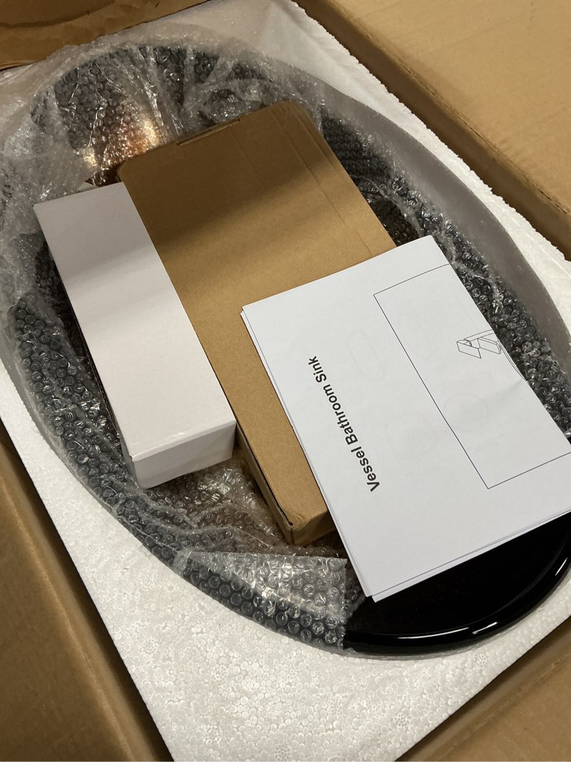 Condition photo showing New/Like New for bathroom boat shape artistic glass vessel sink free black faucet and pop-up drain set, gold