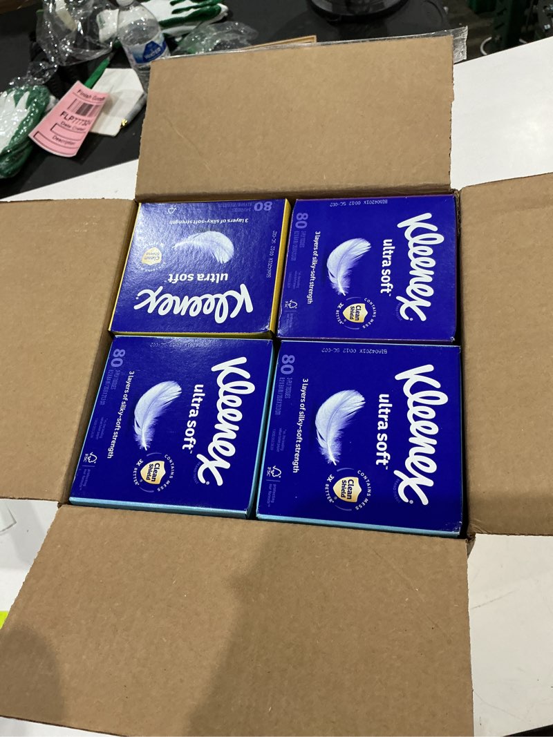 Condition photo showing New/Like New for kleenex ultra soft facial tissues, 8 cube boxes, 80 tissues per box, 3-ply, packaging may vary white 80 tissues (pack of 8)