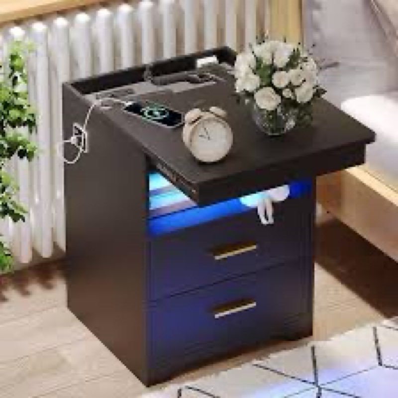LVSOMT Night Stand with Gun Drawer, Charging Bedside Table with USB & Type-C Port, LED Nightstand wi