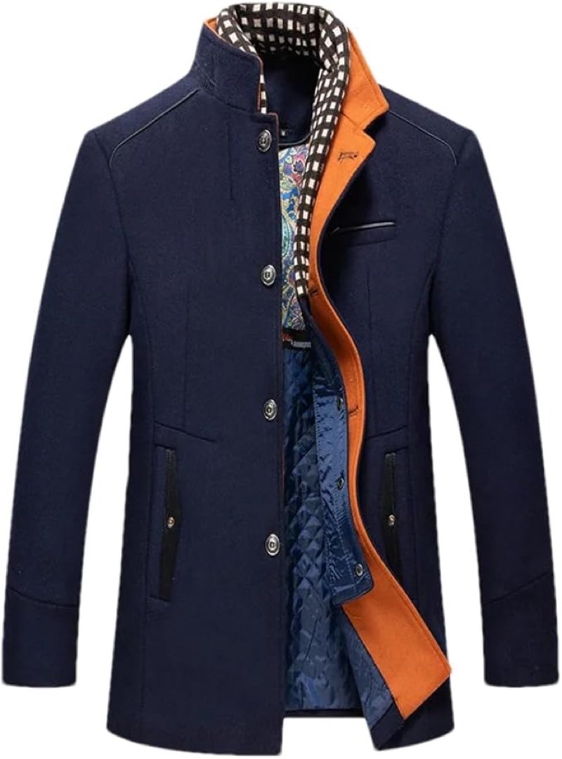 Pulcykp Men Wool Blends Trench Coats Scarf Collar Cold Woolen Double Collar Warm Casual Overcoat