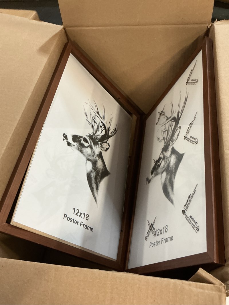 Condition photo showing As Is for yaetm 12x18 picture frames set of 2, walnut brown, solid wood frame 12 x 18 frame for gallery wall, photos, posters & art prints, wall mount (2 pack, walnut) 12"x18", 2 pack walnut