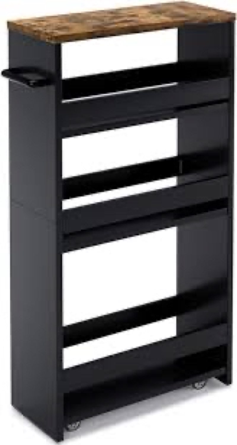 KLM Rolling Storage Cart 4-Tier Black Kitchen Cart with Wheels, Slim Storage Cart with Handle Slide 