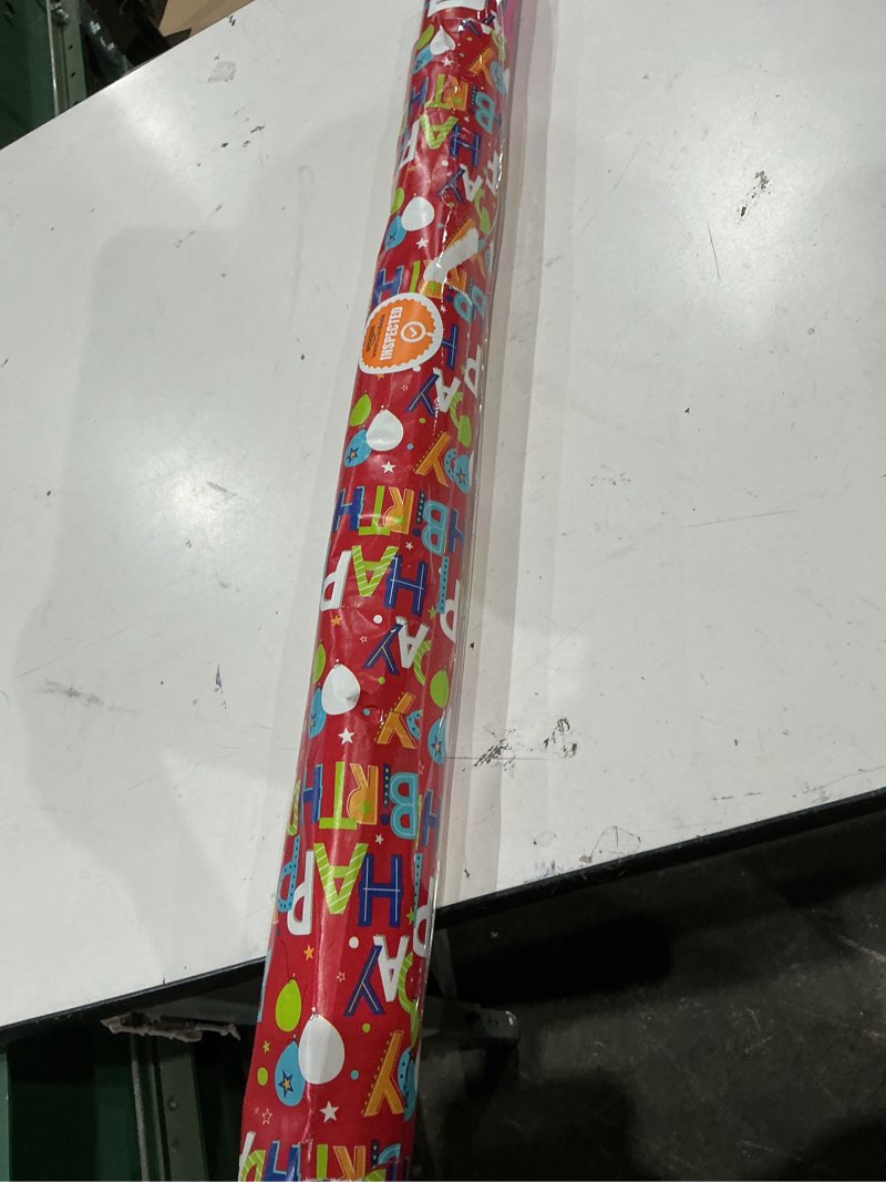 Condition photo showing As Is for american greetings 175 sq. ft. reversible wrapping paper, for birthdays, happy birthday lettering and stars (1 jumbo roll, 30 in. x 70 ft.)