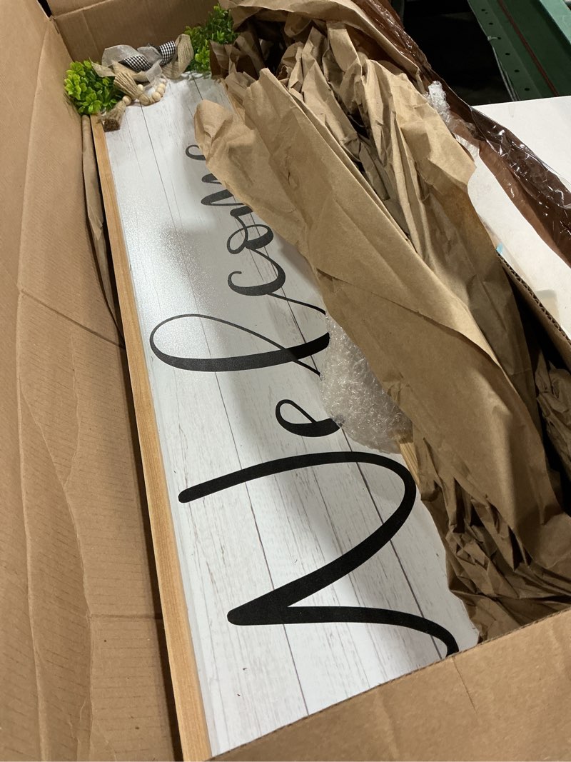 Condition photo showing Good Condition for welcome sign for front porch standing 45"x9" large outdoor decor rustic vertical leaner wood frame porch tall welcome signs for farmhouse outside front door decorations (wood white)