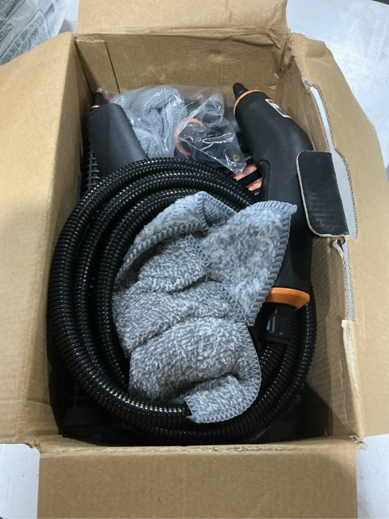Condition photo showing New/Like New for steam cleaner, portable steamer for cleaning with 16pcs accessories, 6-level adjustable and 15s heat-up, handheld steam cleaner for home, tile, dirt, grout, grease, car detailing orange