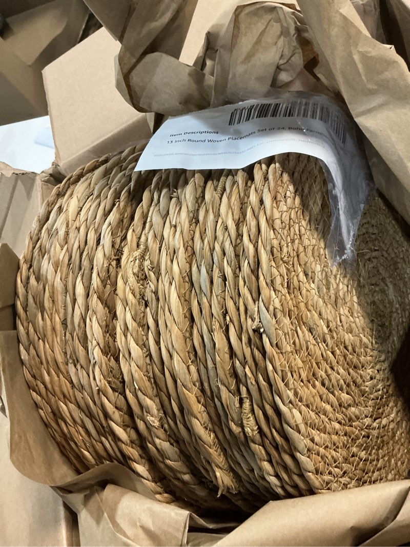 Condition photo showing Good Condition for 13 inch round woven placemats set of 24, boho farmhouse rustic rattan wicker braided chargers for dining table, water hyacinth jute place mats for dinner plates, outdoor patio & wedding decor