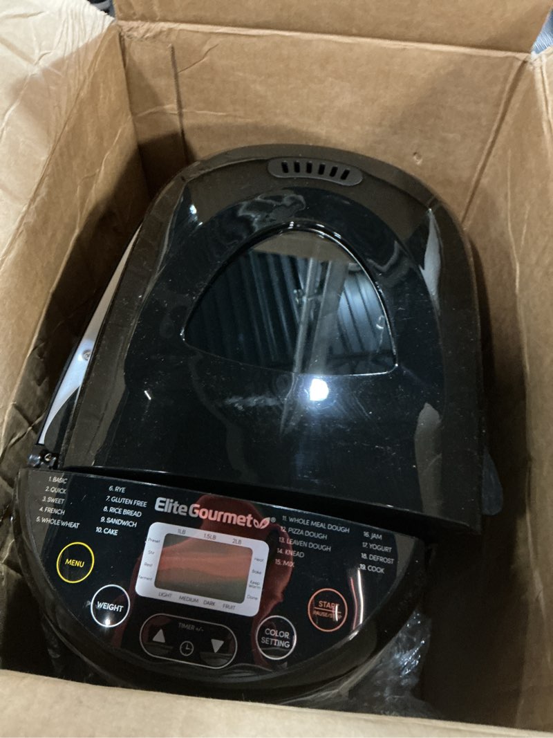 Condition photo showing As Is for Elite Gourmet Programmable Bread Maker, 2 lb Loaf, 3 Sizes, 19 Presets incl. Gluten-Free, Dough & Jam, Delay Timer, Black