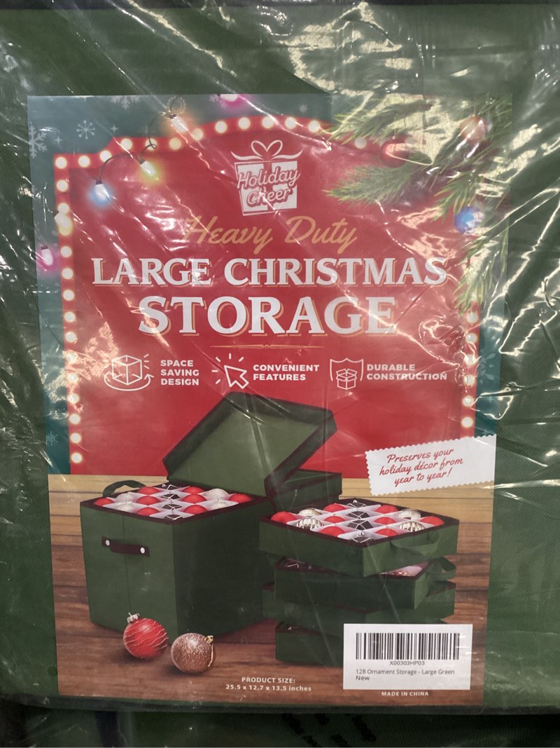 Condition photo showing Good Condition for Holiday Cheer Premium Christmas Ornament Storage with 8 Tray – Christmas Storage Container with Dividers Perfect for Holiday Decorations– Fits 128 Holiday Ornaments – Tear-Proof Fabric Green Large