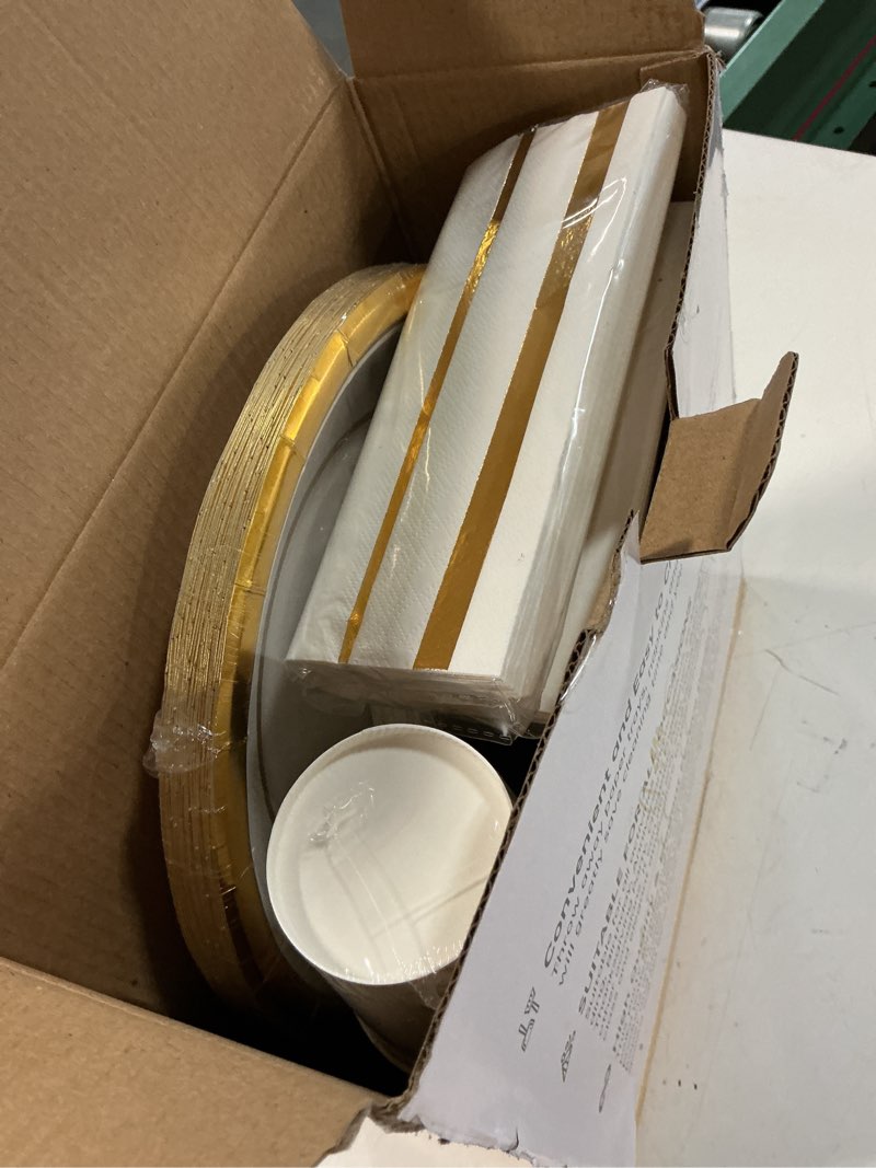 Condition photo showing New/Like New for aire white gold paper plates party supplies dinnerware sets for 25 guests, disposable paper party plates, cups and napkins, gold plastic forks knives spoons for wedding birthday bbq parties