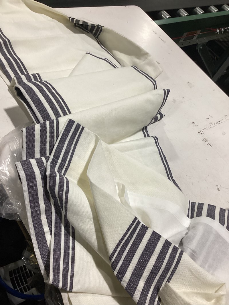 Condition photo showing Good Condition for coastal stripe linen cotton curtain - single panel ivory/navy 48”x108”