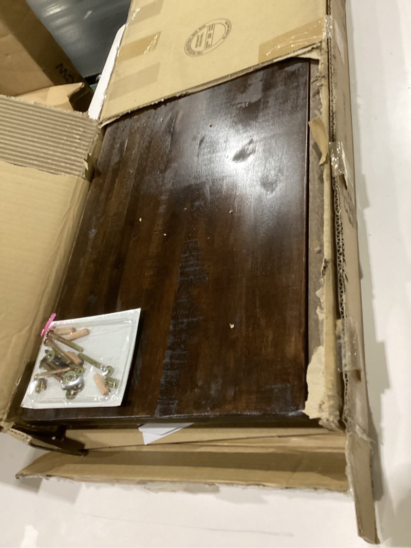 Condition photo showing As Is for backyard discovery 46" meranti wood farmhouse bench with walnut stain, designed for indoor and outdoor use, entryway, living room, garden, patio, porch, deck