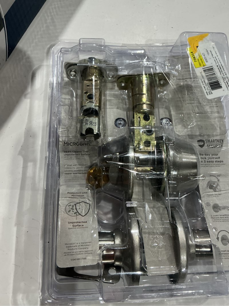 Condition photo showing As Is for kwikset smartkey security balboa satin nickel deadbolt and entry door knob kw1 2-3/4 in.