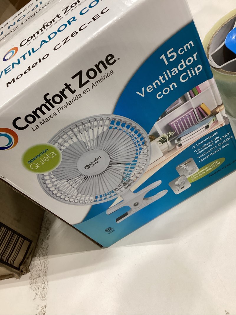 Condition photo showing New/Like New for Comfort Zone Portable Clip on Fan with Fully Adjustable Tilt, Electric, 6 inch, Quiet, Indoor, 2 Speed, Mini Desk Fan, Table Fan, Airflow 6.53 ft/sec, Ideal for Home, Bedroom, Dorm & Office, CZ6C White