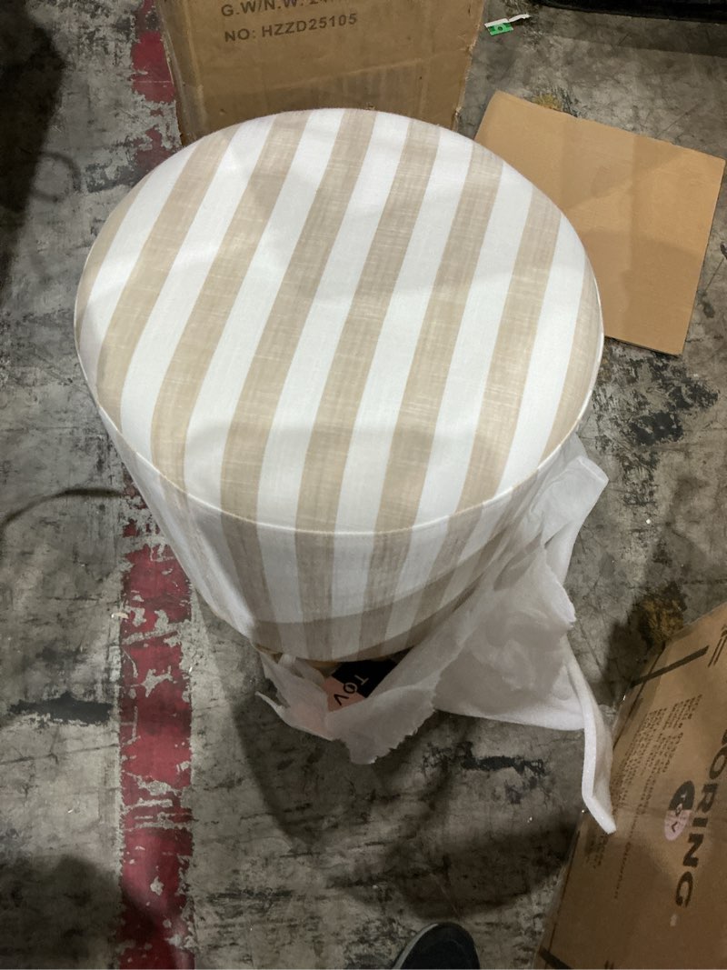 Condition photo showing As Is for tov furniture dex beige striped linen ottoman beige linen & linen blends
