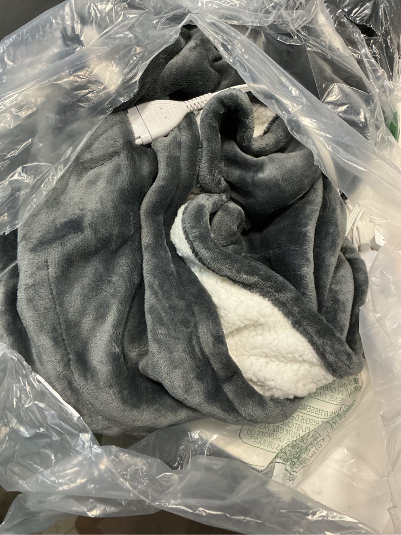 Condition photo showing As Is for ESTINGO Electric Throw Blanket Heated Blanket Throw with 5 Heating Levels & 4 Hours Auto Off, 50"x60" Heated Throw Blanket with ETL & FCC Certification for Home Office, Machine Washable, Dark Gray 1-dark Gray Throw-50x60