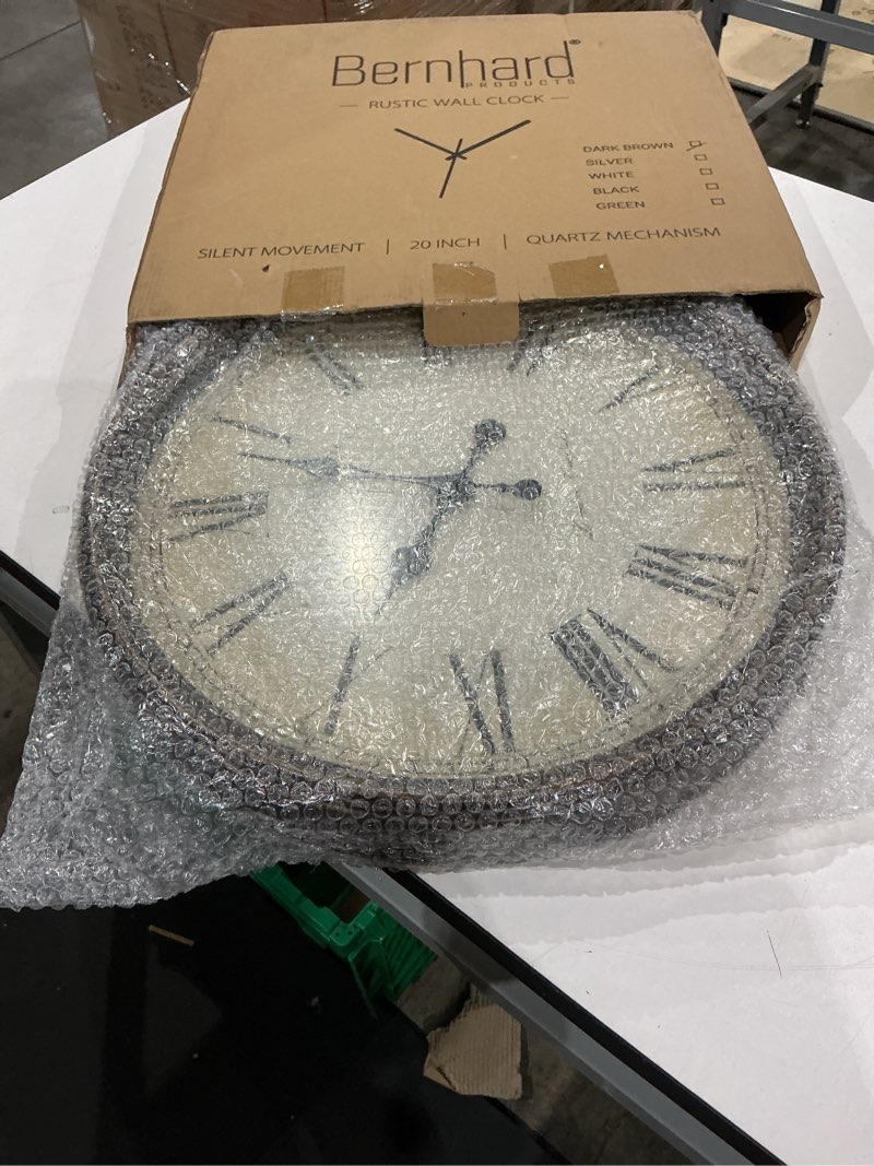 Condition photo showing Good Condition for bernhard products large decorative wall clock 20 inch silent non ticking battery operated quartz vintage stylish with rustic dark brown rim for home living/dining room kitchen & over fireplace rustic brown