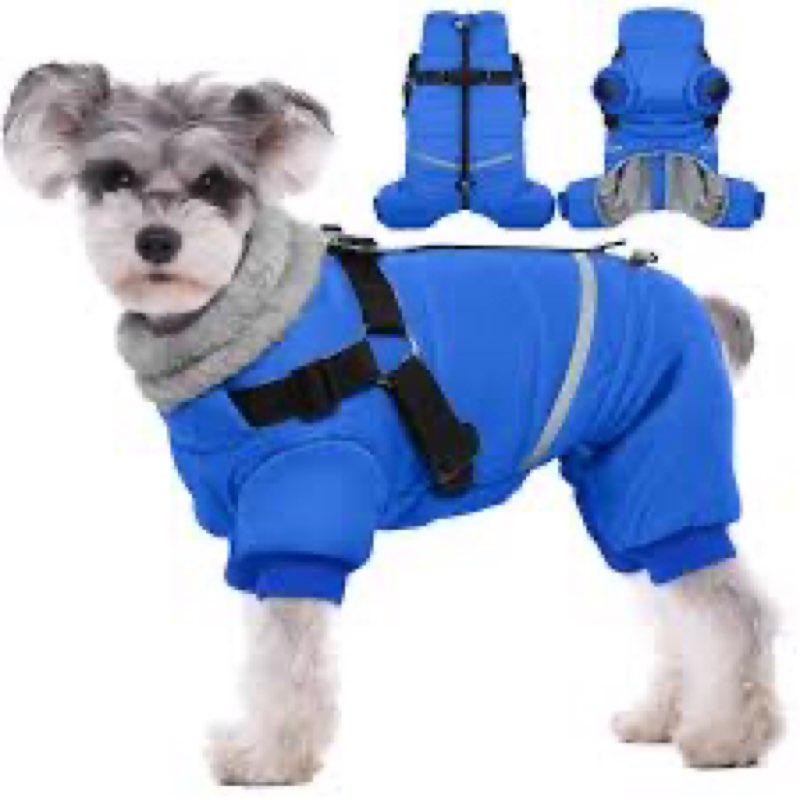 brkurleg blue dog winter coat, cozy winter dog jackets, small dogs coat with harness, onesie body wa