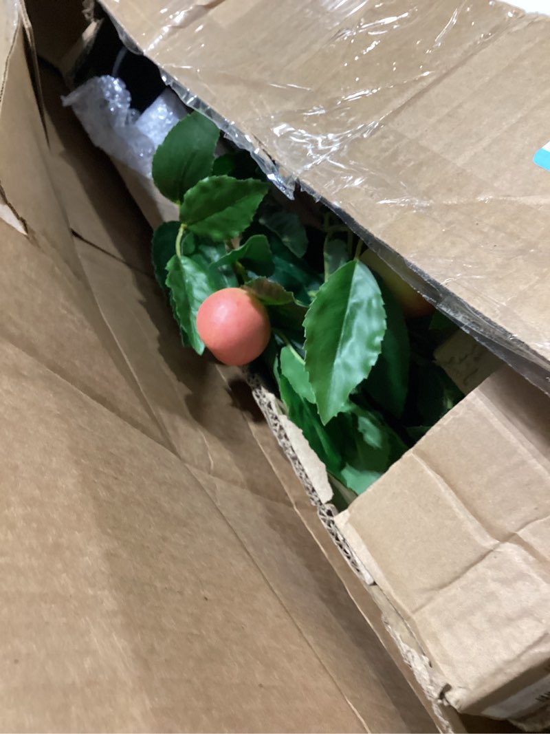 Condition photo showing Good Condition for 2ft artificial peach trees, 2 packs large artificial plants indoor with black pots faux potted trees fake floor plants peach decorations for home living room office, bedroom table, desk