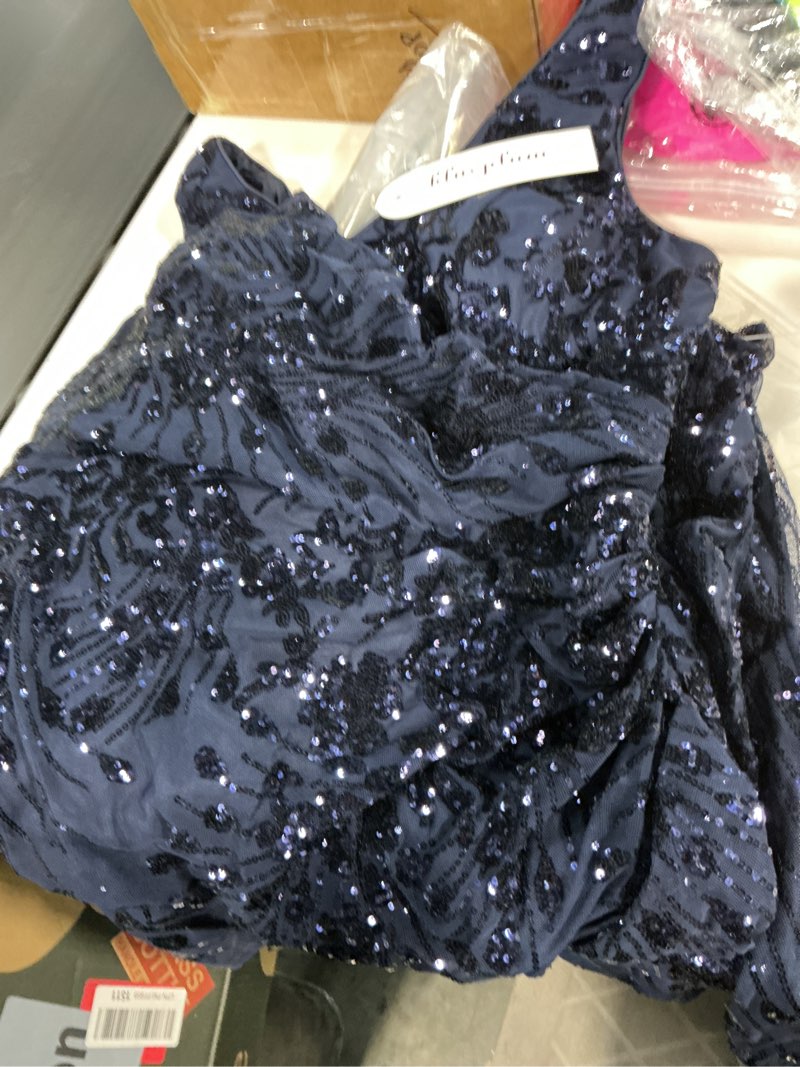 Condition photo showing Good Condition for Elegant Long Sequin Formal Dress V-Neck Slit Design, Stretchy Fitted Glamorous Navy Blue X-Large